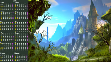 Картинка календари фэнтези строение гора растения