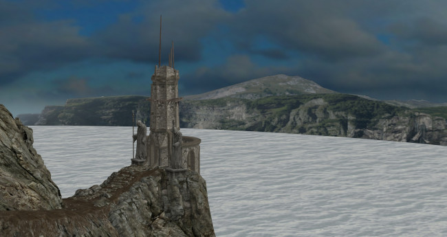 Обои картинки фото 3д графика, другое , other, монахи, башня, река, горы