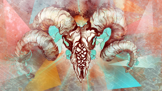 Обои картинки фото фэнтези, нежить, баран, рога, треугольники, череп