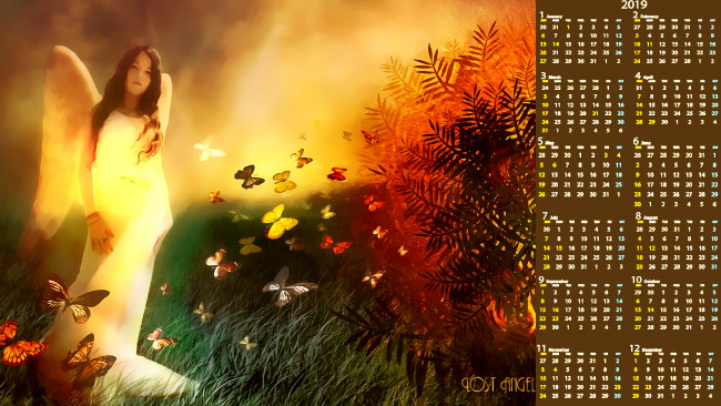 Обои картинки фото календари, фэнтези, девушка, крылья, взгляд, бабочка, растения