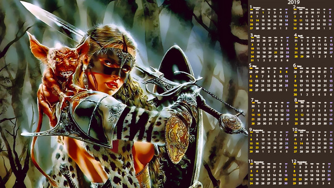 Обои картинки фото календари, фэнтези, девушка, оружие, существо