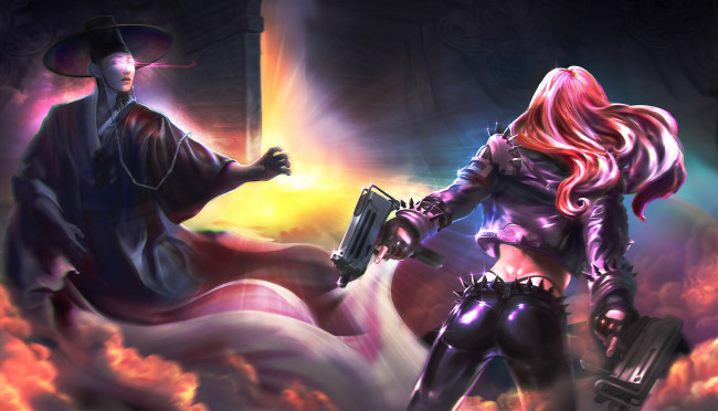 Обои картинки фото рисованное, комиксы, пистолет, мужчина, девушка