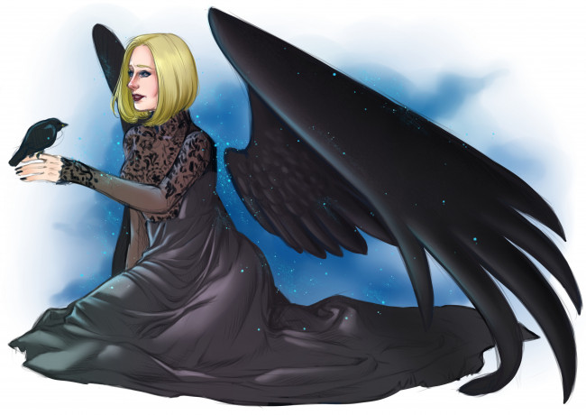 Обои картинки фото фэнтези, ангелы, ворон, крылья, фон, девушка
