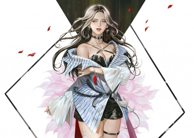 Обои картинки фото рисованное, люди, лепестки, фэнтези, арт, взгляд, макияж, фон, поза, лицо, украшения, девушка