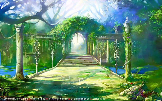 Обои картинки фото календари, фэнтези, 2019, растение, арка, колонна, ступени, calendar, зеленый