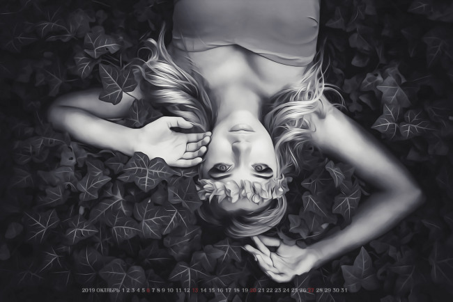 Обои картинки фото календари, компьютерный дизайн, 2019, calendar, женщина, девушка, взгляд, листья, венок