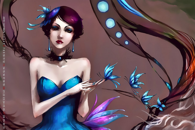 Обои картинки фото календари, рисованные,  векторная графика, calendar, 2019, бабочка, девушка