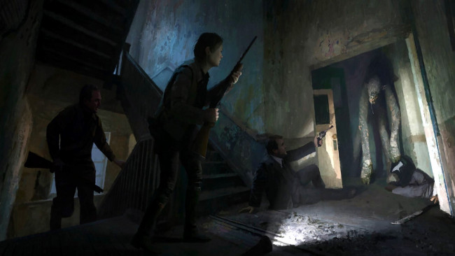 Обои картинки фото фэнтези, существа, люди, оружие, монстр, дом, подъезд