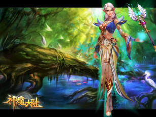 обоя видео игры, forsaken world, девушка, магия, озеро, цапля, корни