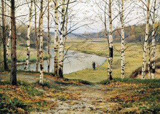 обоя волков ефим - октябрь, рисованное, ефим волков, лес, деревья, березы, осень, тропа, река