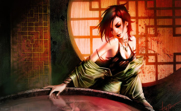 обоя фэнтези, девушки, девушка, кровь, платье, дом, бочка, вода