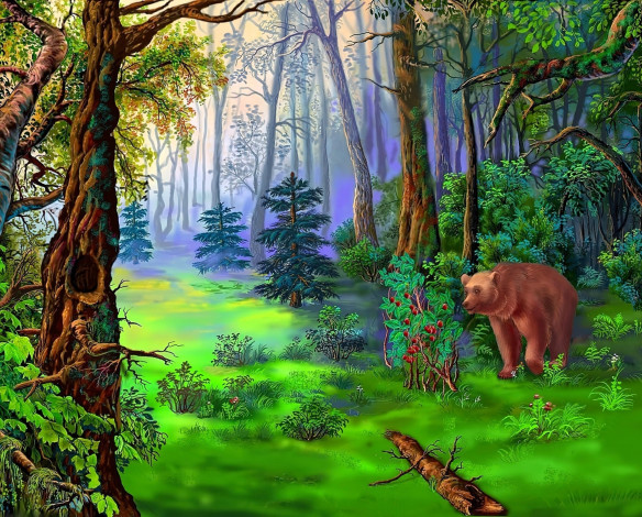 Обои картинки фото рисованное, виктор цыганов, лес, бревно, медведь