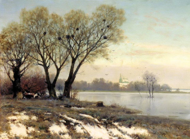 Обои картинки фото рисованное, константин крыжицкий, весна, деревья, озеро, грязь