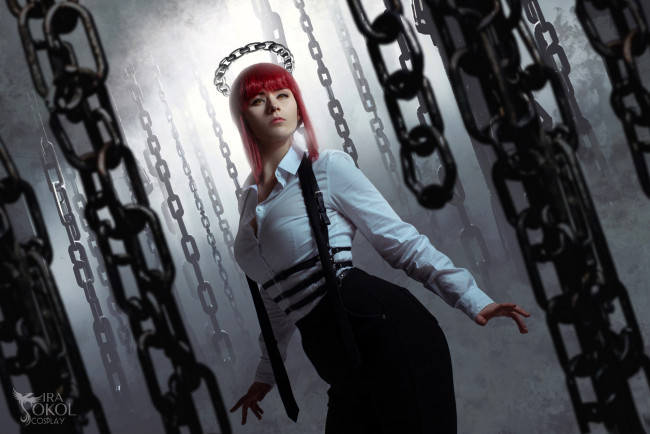 Обои картинки фото девушки, ира сокол, образ, костюм, косплей, наряд, цепи, туман