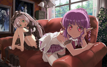 Картинка аниме *unknown другое девушка эльф уши комната диван окно растение люстра картины шкаф платье бант