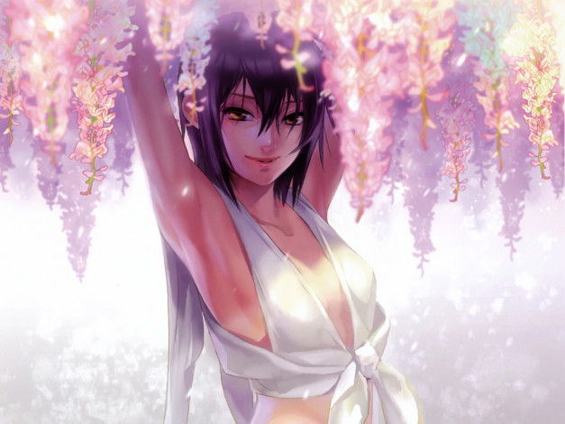 Обои картинки фото аниме, *unknown, другое, девушка, цветы, улыбка, сияние