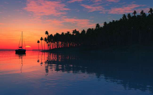 Обои картинки фото 3д, графика, sea, undersea, море, пальмы, яхта, закат