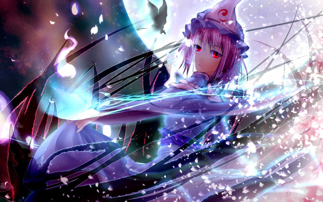 Обои картинки фото аниме, touhou, девушка, луна, бабочка, сияние