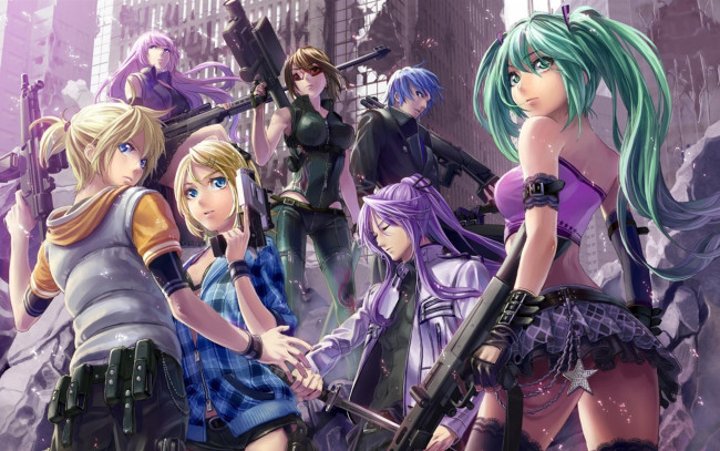 Обои картинки фото аниме, vocaloid, hatsune, miku, автомат, меч, kaito, kagamine, rin, город, оружие, megurine, luka, len