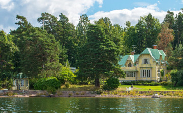 Картинка города   швеция растения река дома