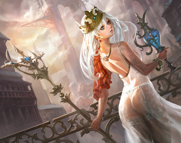 Обои картинки фото фэнтези, девушки, посох, королева, корона, взгляд, девушка, арт, эротика, чулки, ткань