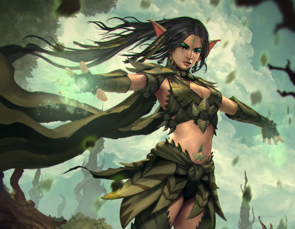 Обои картинки фото фэнтези, эльфы, эльф, девушка, арт, лес, магия, листья
