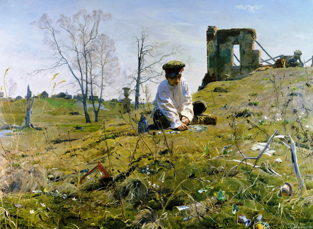 Обои картинки фото осколки, рисованное, дмитрий белюкин, пустырь, склон, мальчик, развалины, мусор