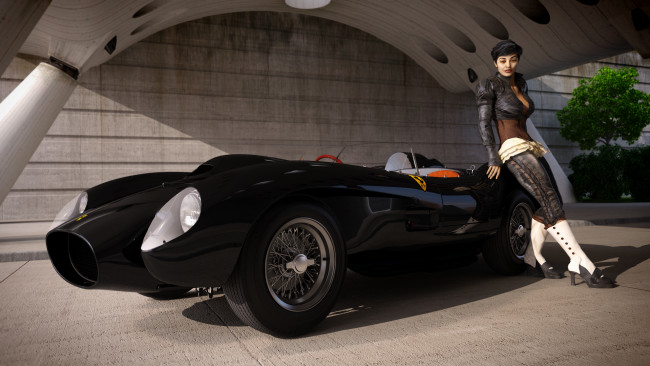 Обои картинки фото автомобили, 3d car&girl, девушка, взгляд, фон, автомобиль