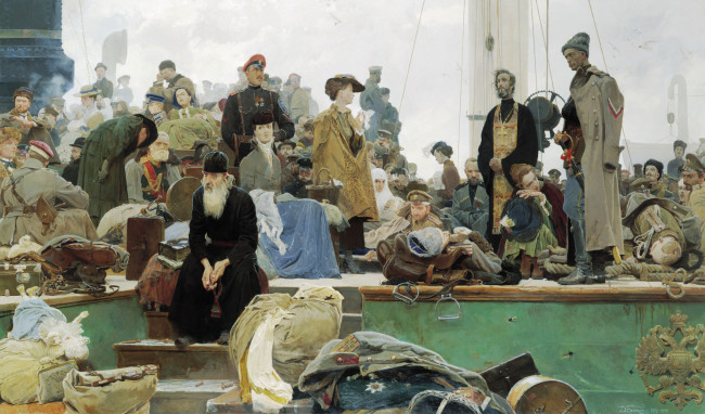 Обои картинки фото белая россия,  исход, рисованное, дмитрий белюкин, корабль, офицеры, священник, бегство, вещи, багаж