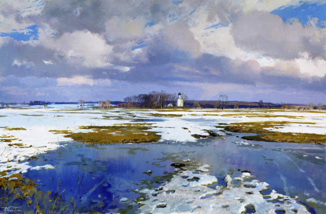 Обои картинки фото дорога к храму, рисованное, дмитрий белюкин, небо, тучи, храм, весна, снег, лужи, проталины
