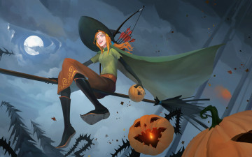 Картинка видео+игры the+banner+saga banner saga лучница метла праздник полнолуние шляпа ведьма alette арт стрелы ночь тыква halloween