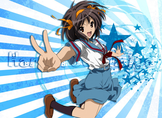 Обои картинки фото аниме, the melancholy of haruhi suzumiya, девушка, взгляд, фон