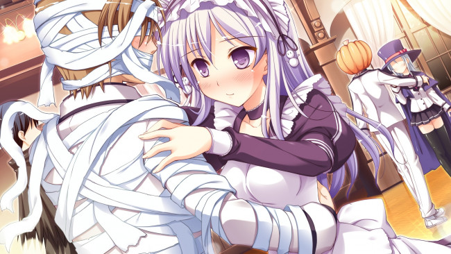 Обои картинки фото аниме, магия,  колдовство,  halloween, хеллоуин, праздник, парень, хеллуин, маскарад, танец, helloween, пара, тыква, бинт, девушка, балл, карнавал, костюм