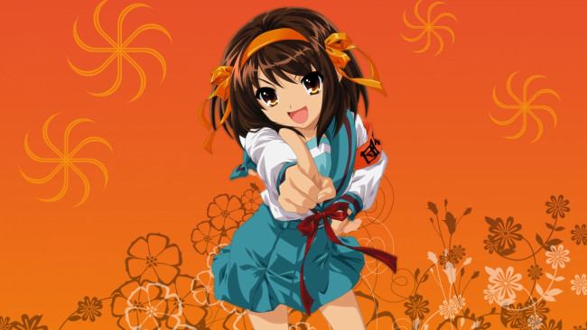 Обои картинки фото аниме, the melancholy of haruhi suzumiya, девушка, взгляд, фон