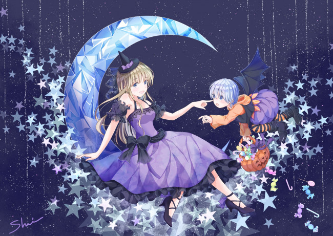 Обои картинки фото аниме, магия,  колдовство,  halloween, фон, взгляд, девушки