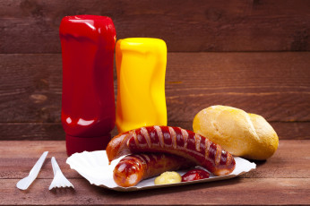 Картинка еда колбасные+изделия горчица кетчуп булочка колбаска
