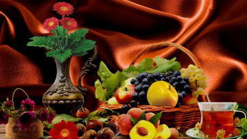 Картинка еда натюрморт фрукты цветы чай