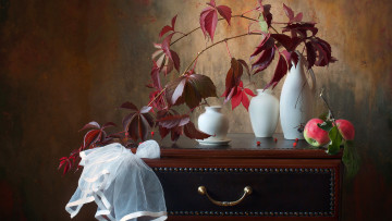 Картинка еда натюрморт ветка листья вазы яблоки