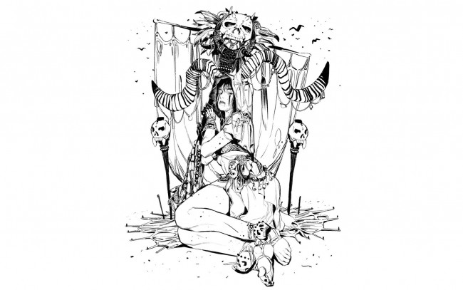 Обои картинки фото фэнтези, демоны, девушка, черепа, рога