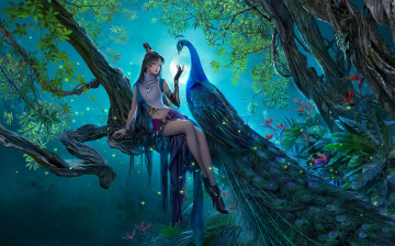 Картинка фэнтези маги +волшебники девушка волшебница ночь павлин