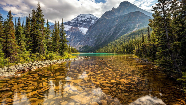 Обои картинки фото cavell lake and mount cavell, jasper np, alberta, природа, реки, озера, cavell, lake, and, mount, jasper, np