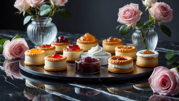 обоя еда, пирожные,  кексы,  печенье, розы, джем, ассорти