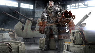 обоя видео игры, crossout, воин, латы, шлем, камуфляж, техника, оружие, патроны, ящики