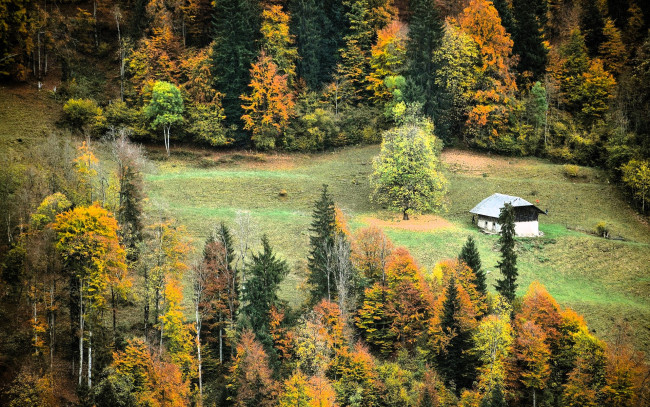 Обои картинки фото разное, сооружения,  постройки, строение, горы, лес, осень, поляна