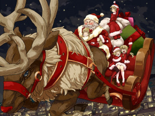 Картинка аниме merry chrismas winter санта клаус олень сани