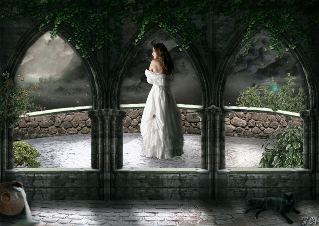 Обои картинки фото фэнтези, девушки, кот, плющ, платье, балкон