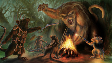 Картинка фэнтези существа кот мыши ситуация костёр