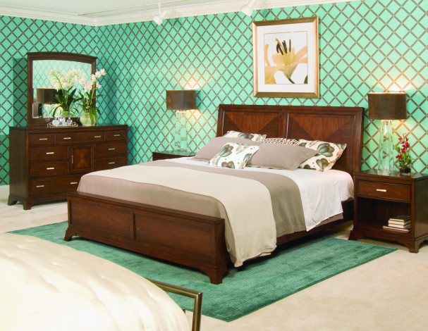 Обои картинки фото интерьер, спальня, тумбочка, светильник, подушки, ровать