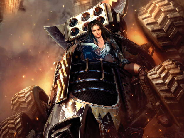 Обои картинки фото auto, assault, видео, игры, улыбка, авто, ракеты, девушка