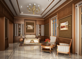 обоя 3д графика, realism , реализм, светильник, картина, кровать, цветы, стулья, стол